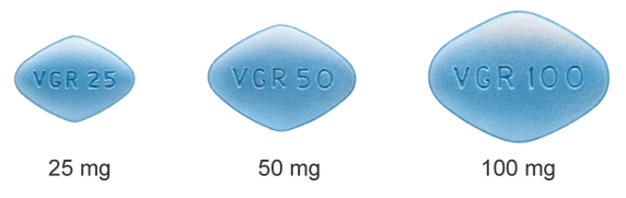 Images showing Viagra Blue-diamond shaped tablet doses: 25 milligram, 50 milligram, and 100 milligram
